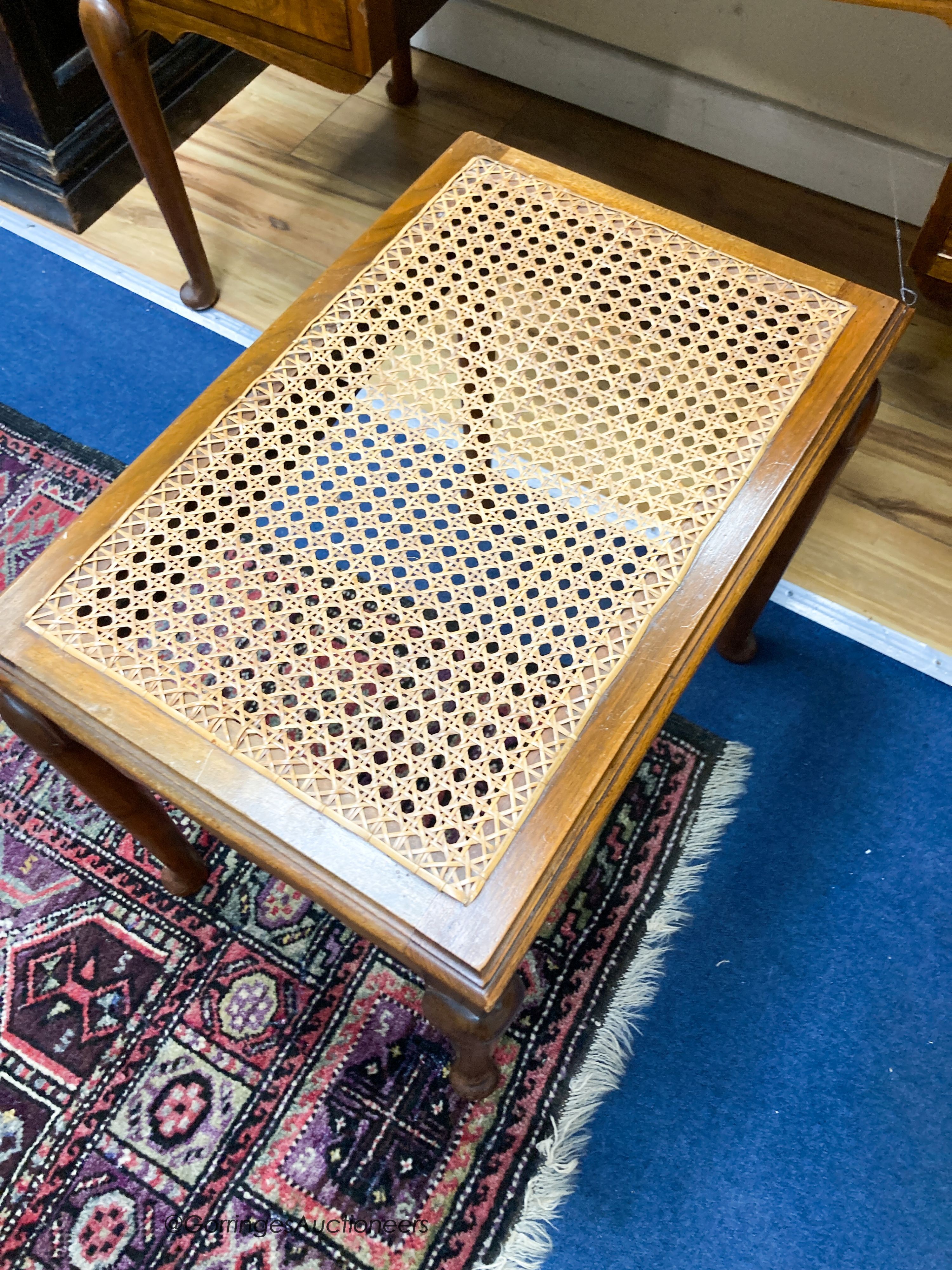 A 1930’s burr walnut dressing table, width 114cm, depth 52cm, height 160cm and a cane topped stool (2)